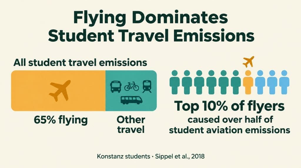 Chart showing aviation made up 65% of mobility emissions among Konstanz students, with the top 10% of flyers causing over half.