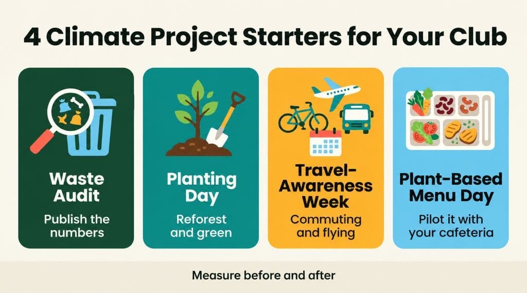 Infographic of four student climate project starters: waste audit, planting day, travel-awareness week, and plant-based menu day.