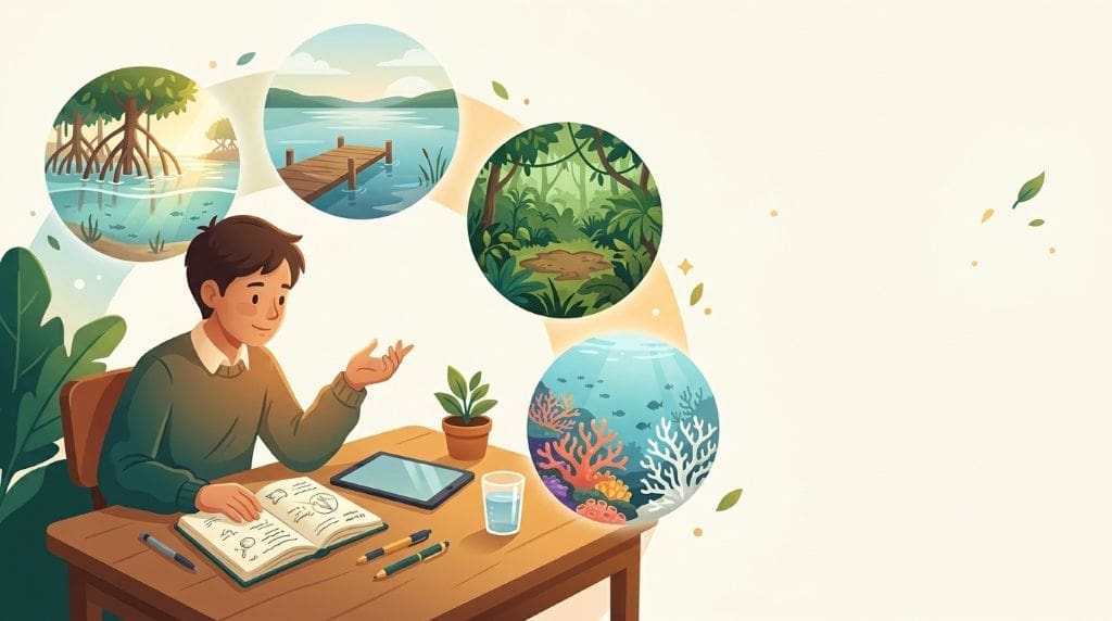 Student exploring climate change case studies for students, with vignettes of a mangrove, lake, rainforest, and coral reef.