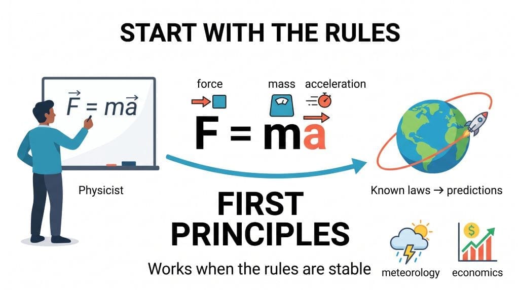 Infographic explaining theoretical mathematical models with Newton’s second law and a planet-orbit example