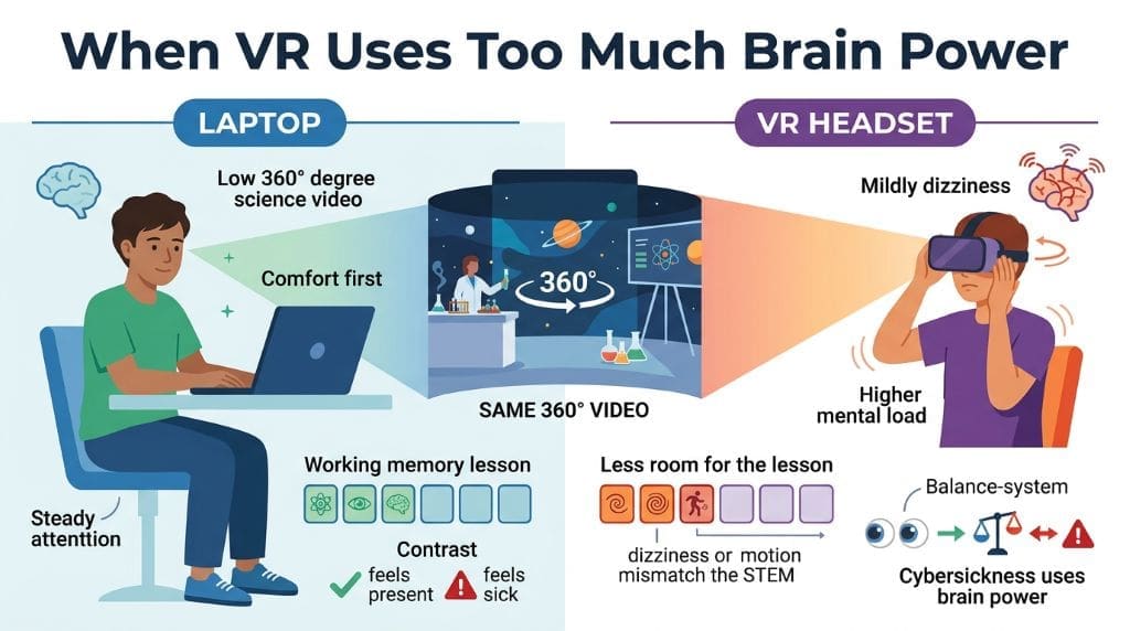 Infographic comparing laptop and VR headset viewing of the same 360-degree STEM video, showing how cybersickness can increase cognitive load and reduce working-memory capacity.