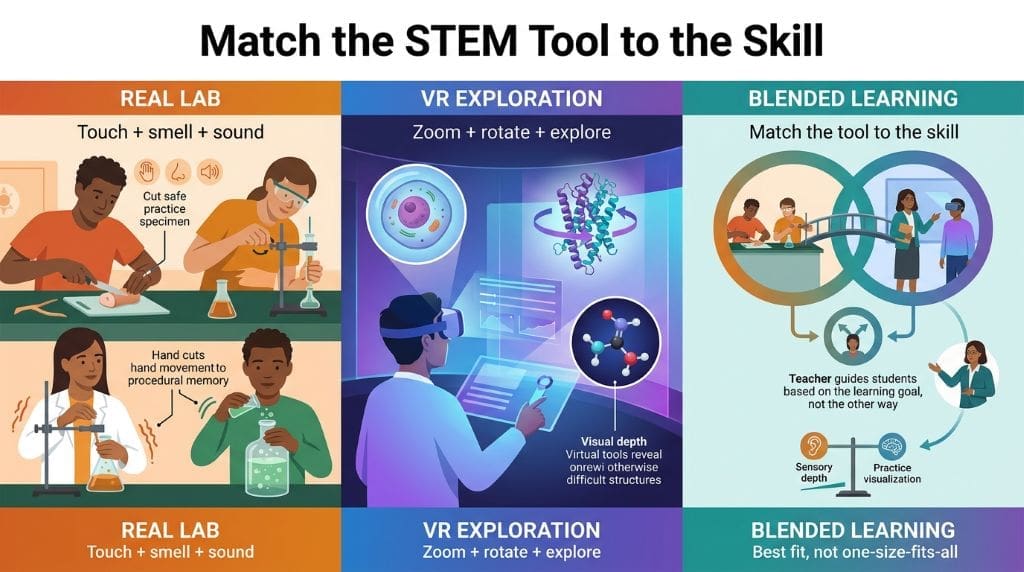 Infographic comparing real laboratory hands-on learning with VR visualization and blended STEM instruction based on sensory depth and learning goals.
