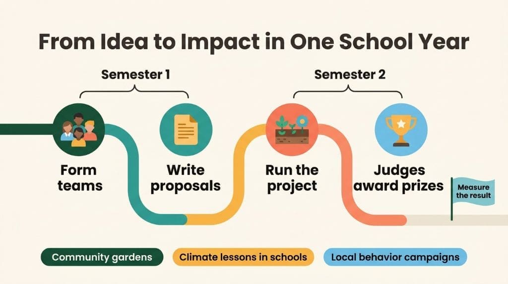 Timeline of a year-long student climate project: form teams, write proposals, run the project, and present to judges.
